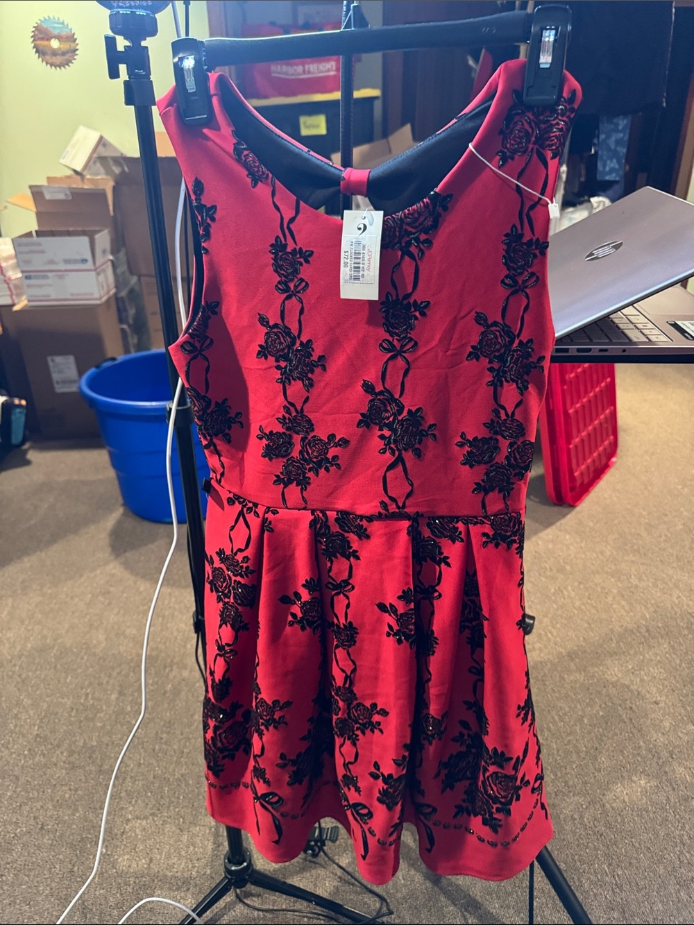 Knitworks Red Dress with Black Floral Lace Overlay
